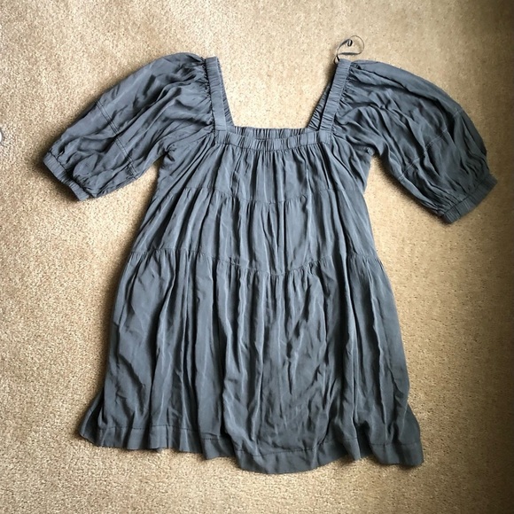 Mustard Seed Women’s L Charcoal Gray Chambray Puffed Sleeve Tiered Pocket Dress - Picture 2 of 11